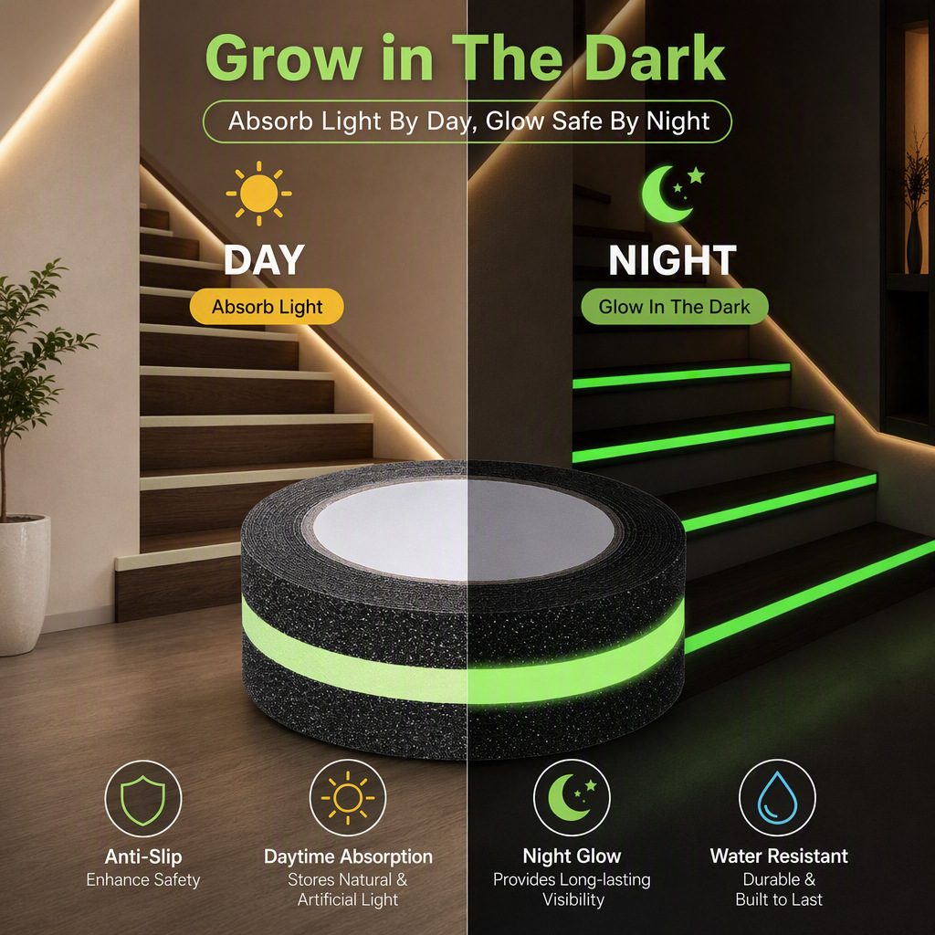 PET anti-slip tape with centered glow-in-the-dark strip — black grit tape with green luminescent center line