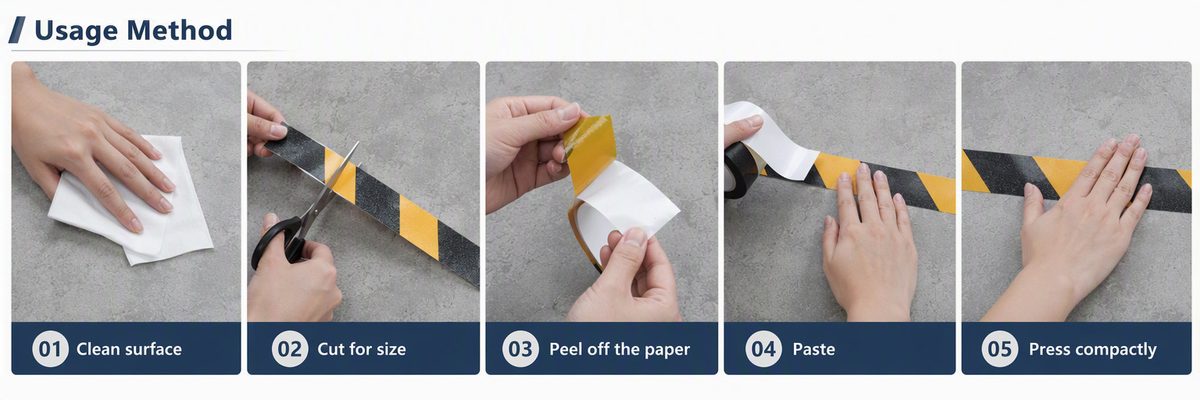 Anti-slip tape installation steps: clean surface, cut to size, peel liner, paste, press firmly