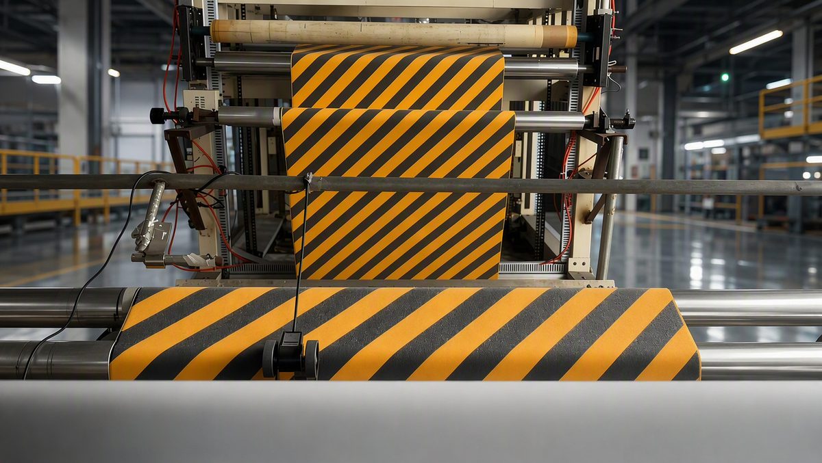 Black and yellow diagonal stripe floor marking tape running on Songyang's coating line in Houjie, Dongguan, China