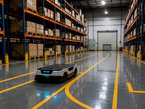 Floor marking lines running the length of a racking aisle in a distribution warehouse