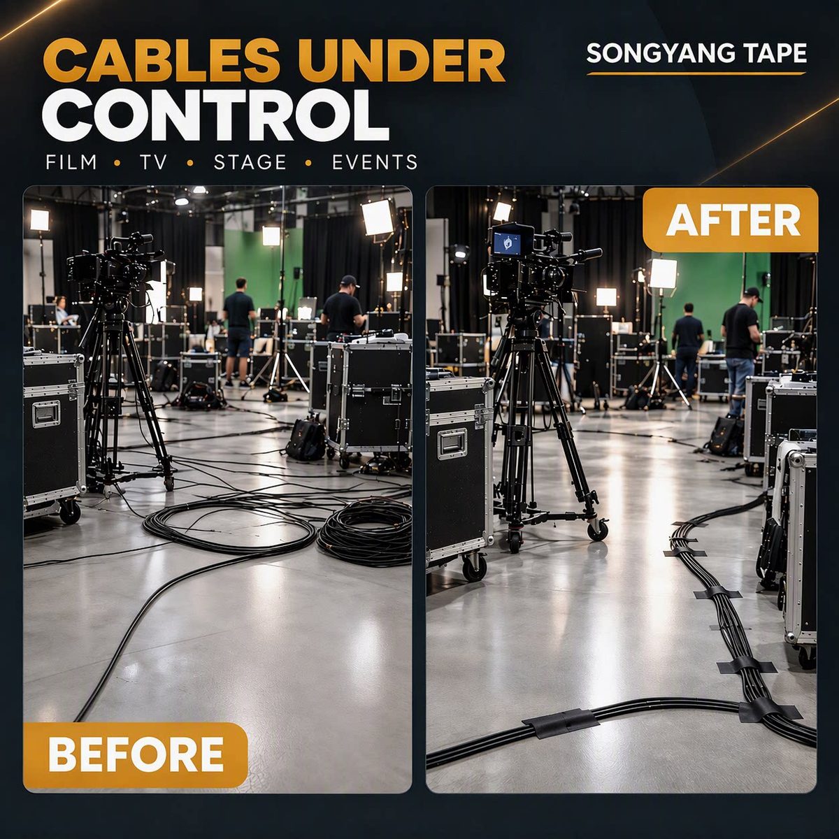 Before and after: loose cables on a studio floor dressed down with black gaffer tape for film, TV, stage and event production