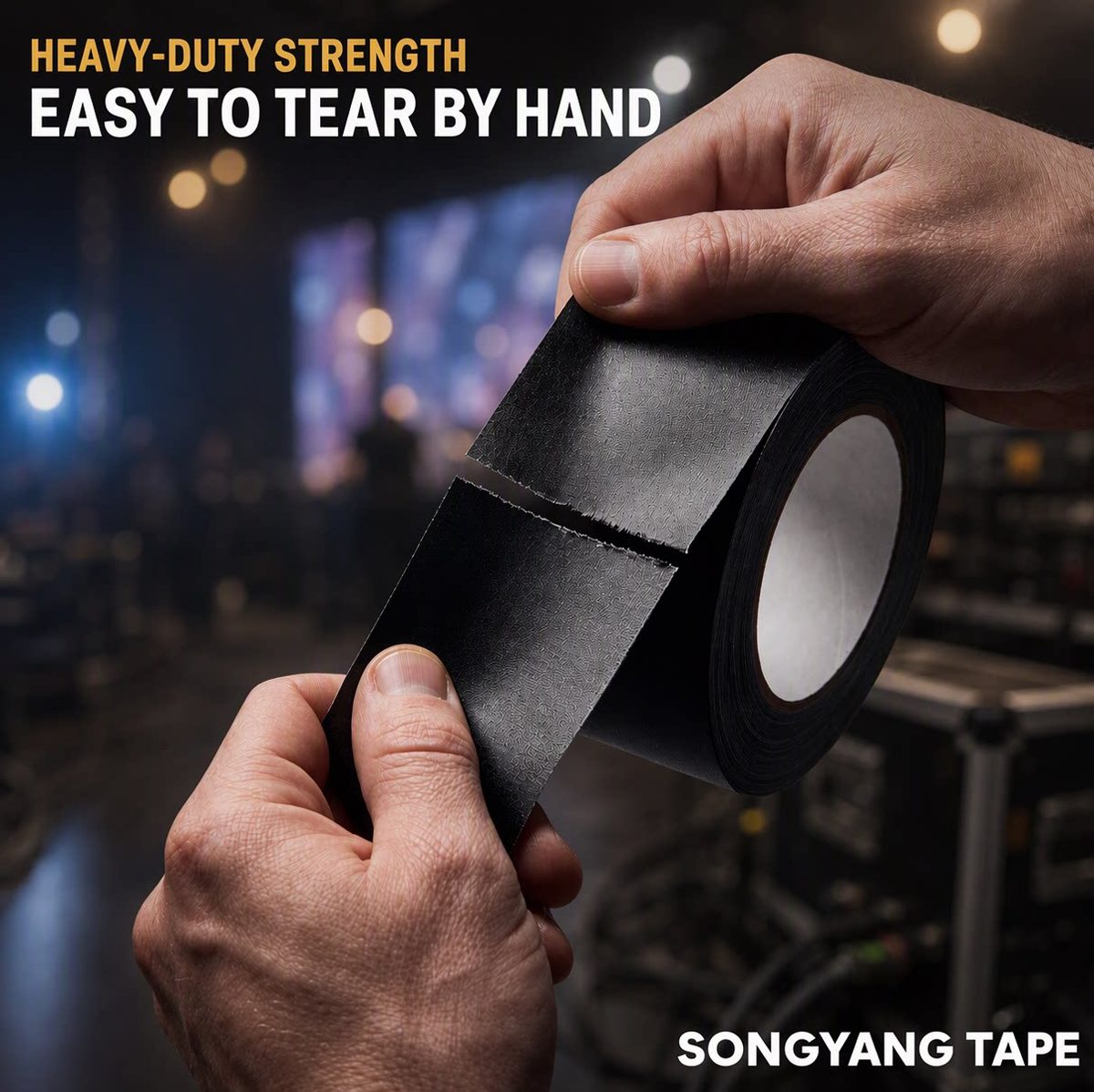 Hands tearing a roll of black gaffer tape by hand